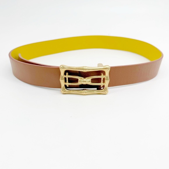 Reversible Yellow & Camel Belt With Oversized Gold Bamboo Buckle